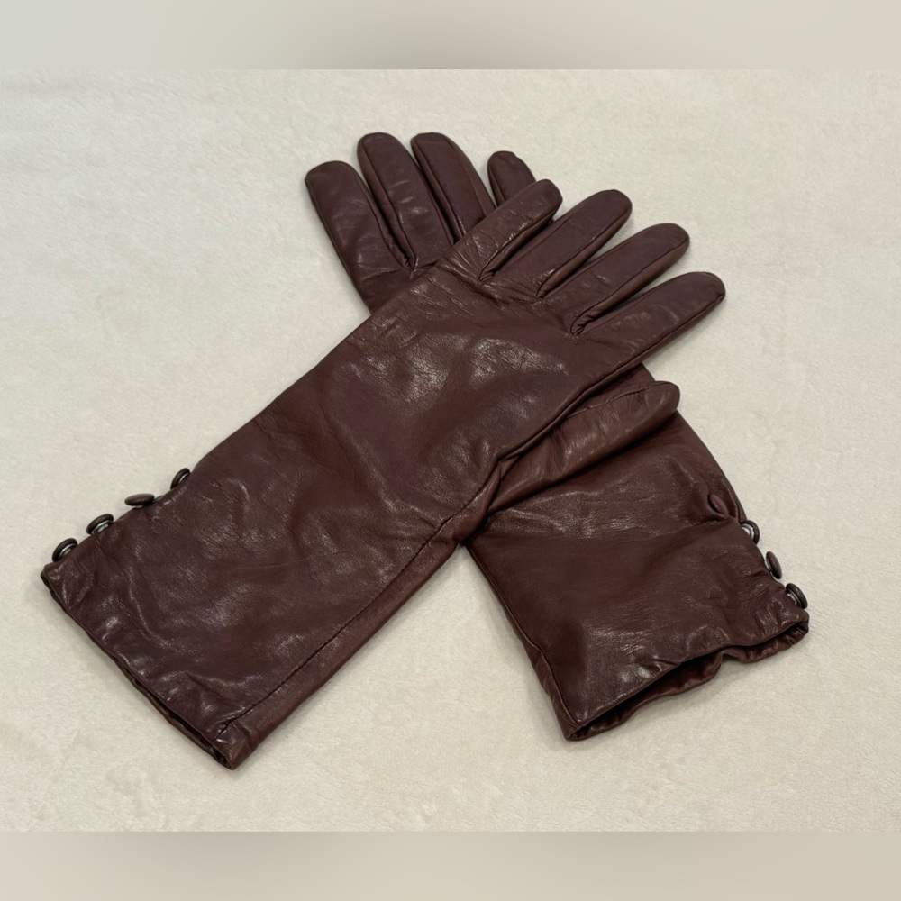 Cole Haan Cashmere Lined Brown Leather Button Gloves Sz 7.5⁠